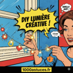 Une jf en trian d'installée une guirlande lumineuse . Astuce DIY pour fabriquer des guirlandes lumineuses pour Noël.1000astuce.fr