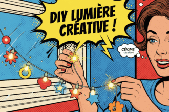 Une jf en trian d'installée une guirlande lumineuse . Astuce DIY pour fabriquer des guirlandes lumineuses pour Noël.1000astuce.fr