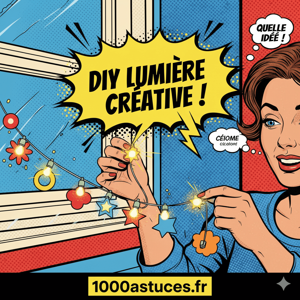 Une jf en trian d'installée une guirlande lumineuse . Astuce DIY pour fabriquer des guirlandes lumineuses pour Noël.1000astuce.fr