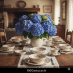 un service de table en faïence vintage sur une belle table de campagne, avec un superbe bouquet d'hortensias bleus au centre.Astuce pour entretenir la faience ancienne . "1000astuces.fr"