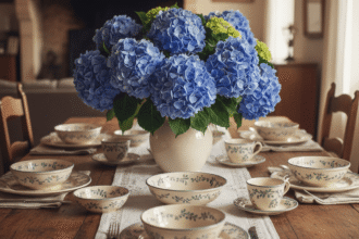 un service de table en faïence vintage sur une belle table de campagne, avec un superbe bouquet d'hortensias bleus au centre.Astuce pour entretenir la faience ancienne . "1000astuces.fr"
