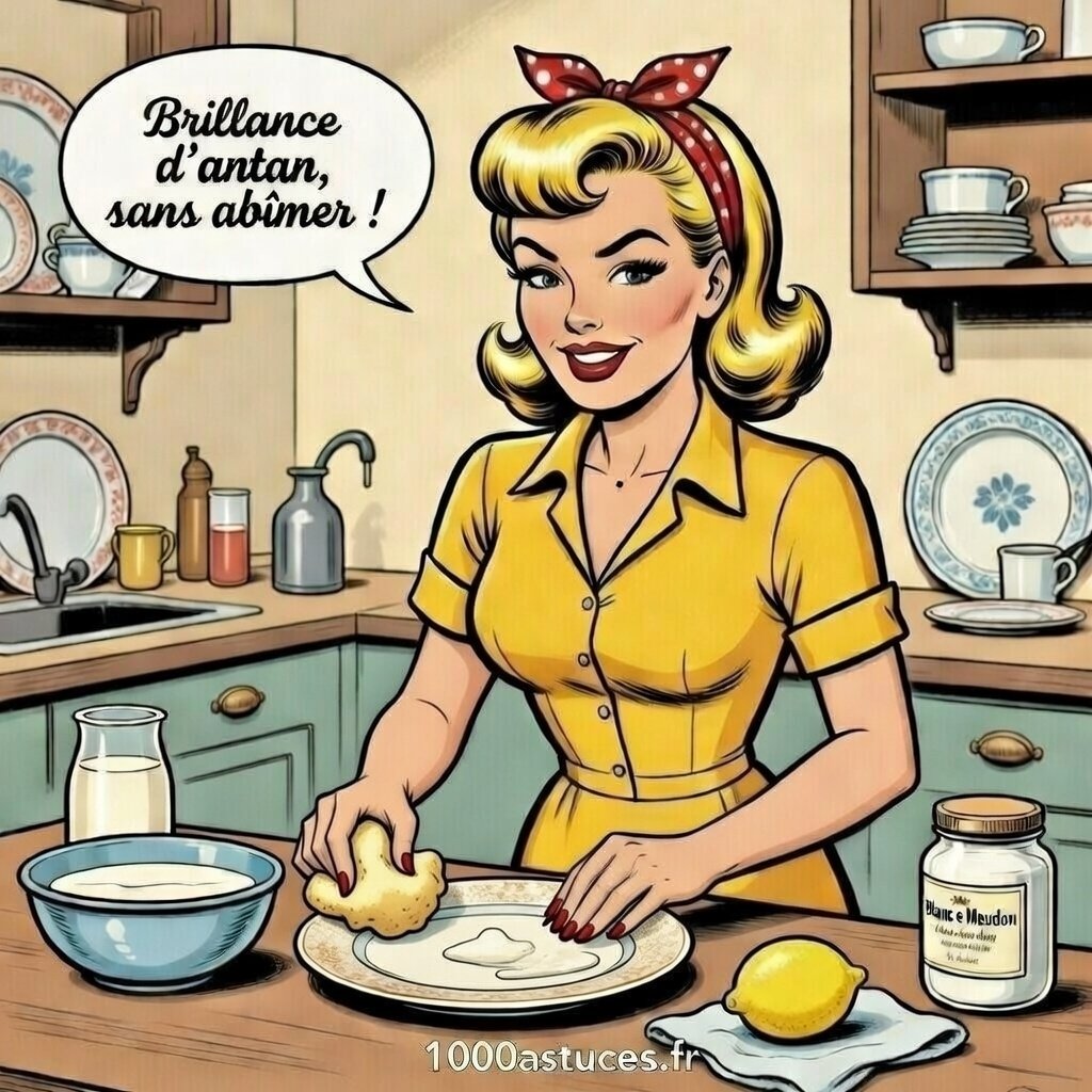 Mina nettoie délicatement une assiette ancienne avec une éponge douce et du Blanc de Meudon.