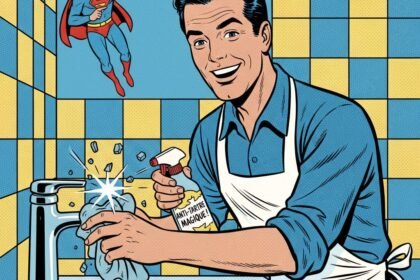 Un homme nettoie un robinet dans la salle de bain . astuces naturelles pour faire briller l'inox. 1000astuces.fr