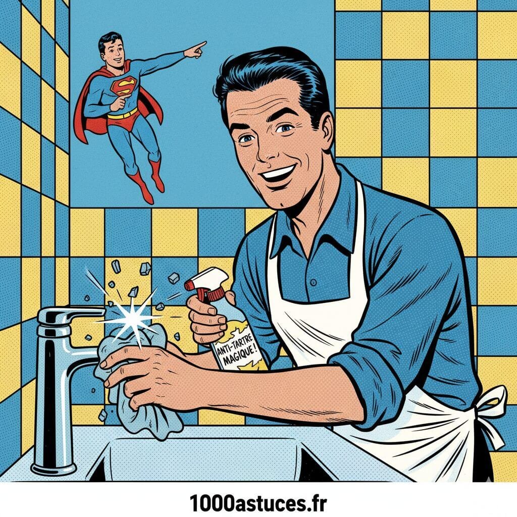 Un homme nettoie un robinet dans la salle de bain . astuces naturelles pour faire briller l'inox. 1000astuces.fr