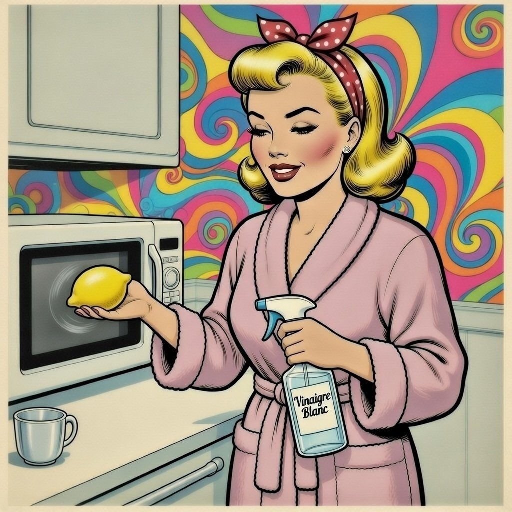 Mina Pop nettoie avec des produits naturels le four à micro-ondes . Illustration pop-art