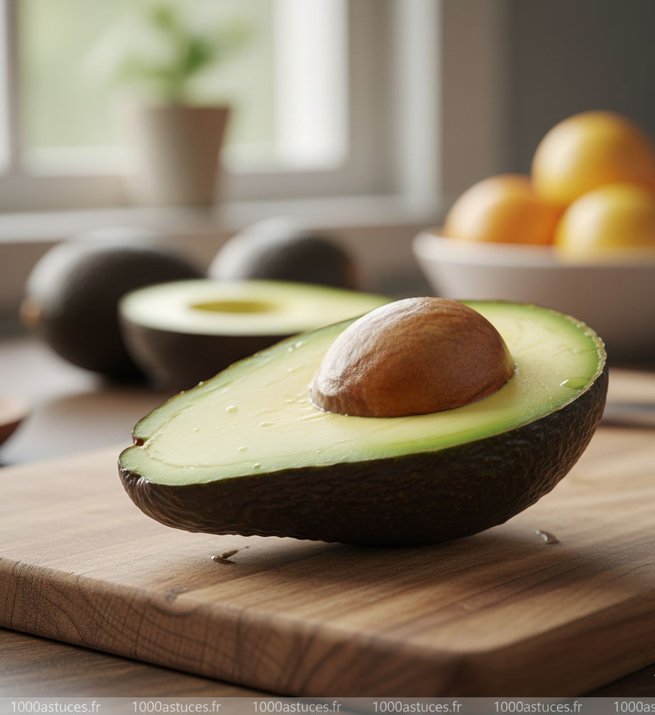Photo d’un demi-avocat, astuces pour éviter que l’avocat ne brunisse, conservation anti-oxydation, méthode naturelle pour garder un avocat vert, cuisine saine, 1000astuces.fr