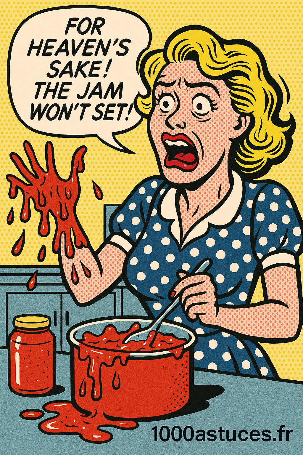 Astuce pour les confitures trop liquide . une femme a la main pleine de confiture liquide . Illustration pop art