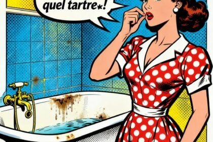 Une femme constate la saleté et le tartre dans sa baignoire. Astuces pour enlever le tartre de la baignoire. 1000astuces.fr