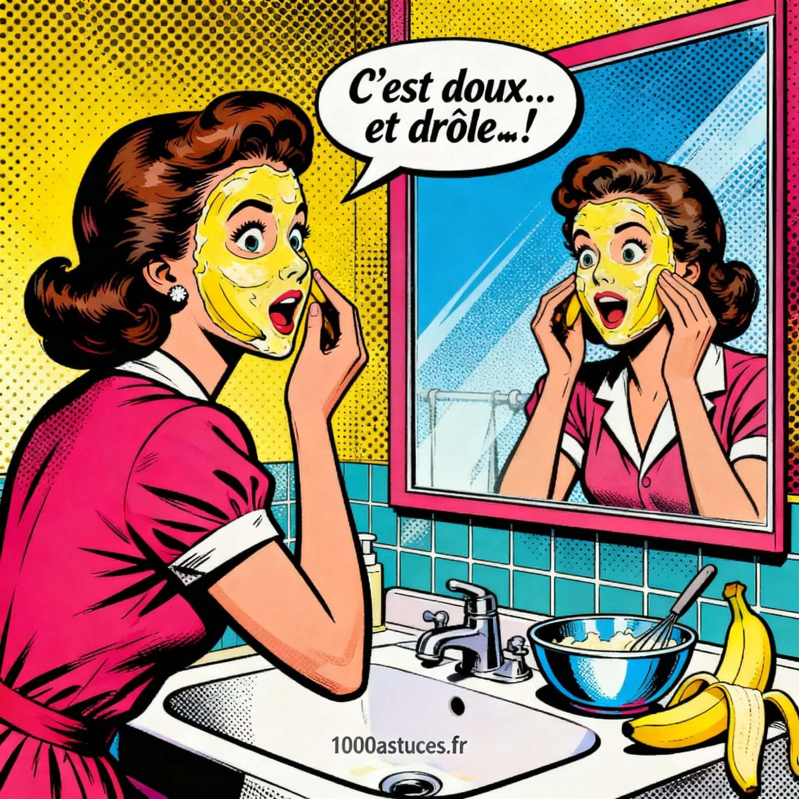 Une femme devant un miroir avec un masque hydratant. Astuce masque hydratant banane . 1000astuces.fr