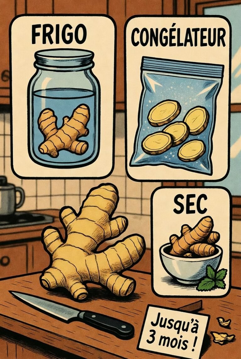 Illustration conservation gingembre frais : en bocal au frigo, congelé en pièces, ou sec jusqu’à 3 mois