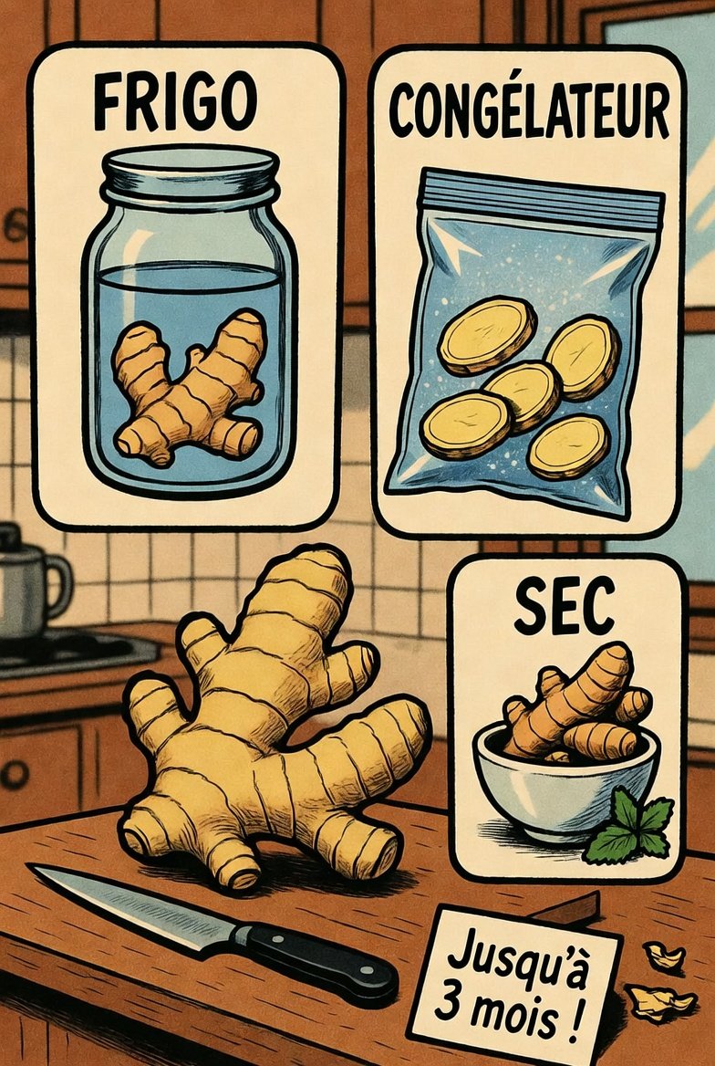 Illustration conservation gingembre frais : en bocal au frigo, congelé en pièces, ou sec jusqu’à 3 mois