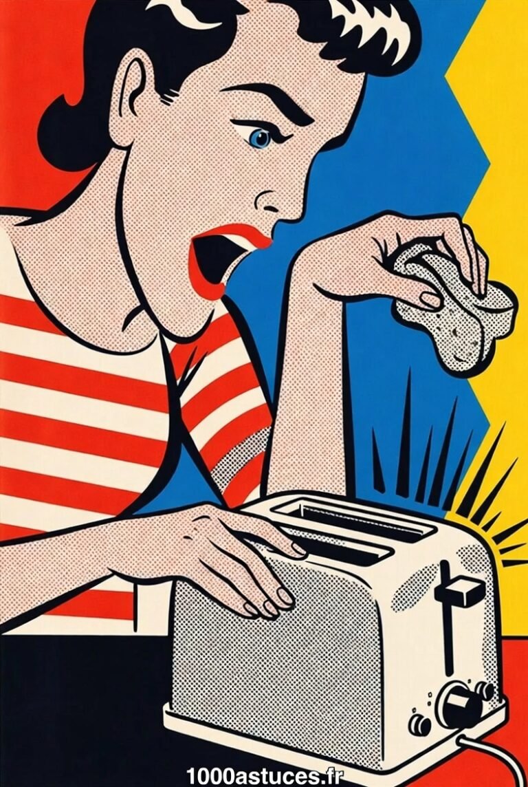Nettoyer un grille-pain : illustration pop art d’une femme avec un grille-pain