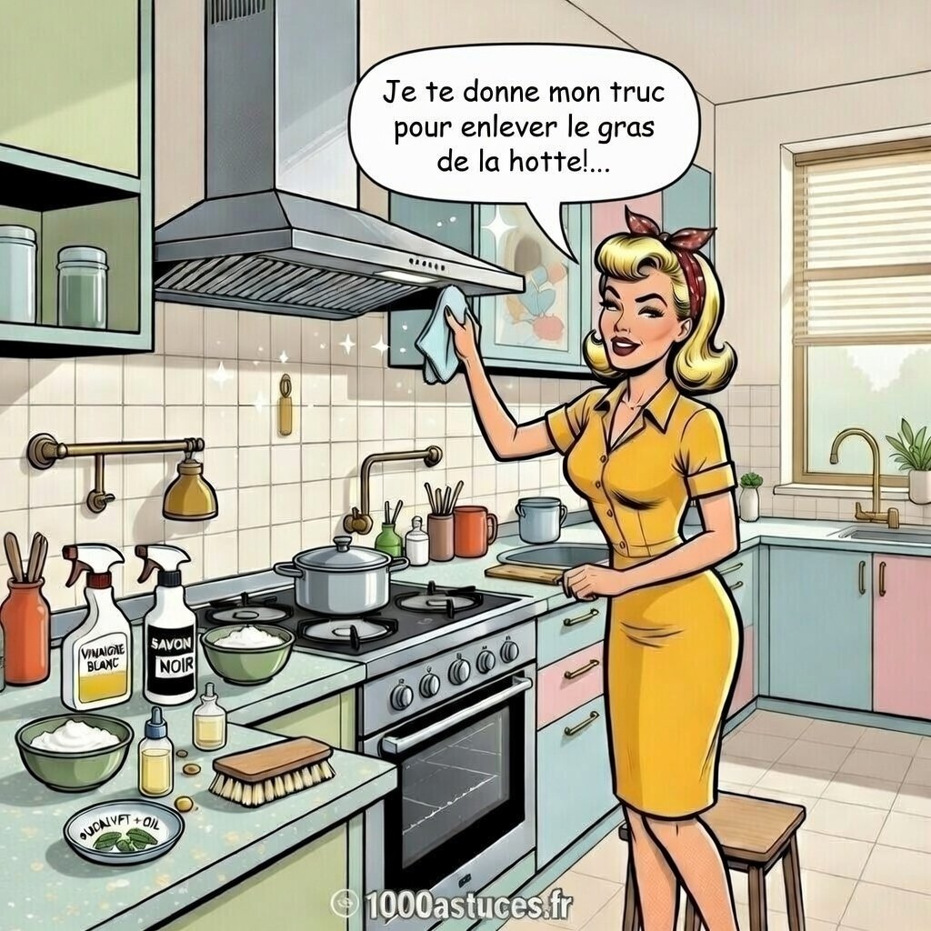 Illustration pop art de Mina Pop nettoyant une hotte de cuisine avec des ingrédients naturels comme vinaigre blanc, savon noir et eucalyptus, dans une ambiance rétro et décalée.