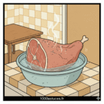 Gros jambon cru immergé dans un grand saladier d’eau pour dessalage, astuce cuisine traditionnelle pour dessaler jambon et sublimer sa saveur avant cuisson maison.