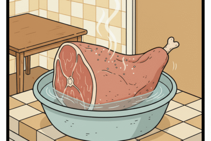 Gros jambon cru immergé dans un grand saladier d’eau pour dessalage, astuce cuisine traditionnelle pour dessaler jambon et sublimer sa saveur avant cuisson maison.