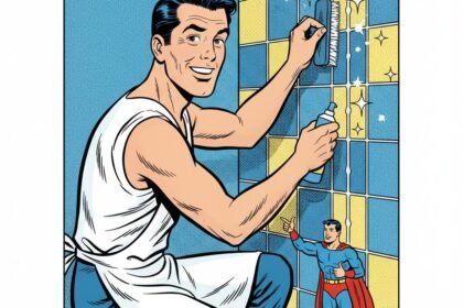 illustration d'un homme qui nettoie les joins noircis de la salle de bain . astuces pour nettoyer et retrouver la couleur des joints de la salle de bain . 1000astuces.fr