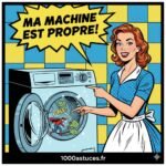 une jeune femme montre sa machie à laver propre . astuces pour nettoyer et enlever les mauvzaises odeurs . 1000astuces.fr