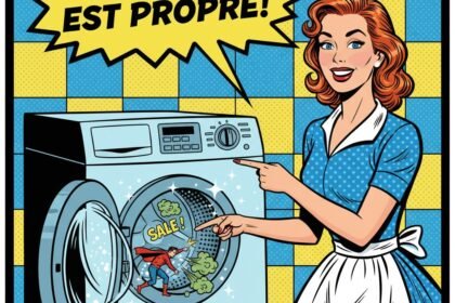 une jeune femme montre sa machie à laver propre . astuces pour nettoyer et enlever les mauvzaises odeurs . 1000astuces.fr