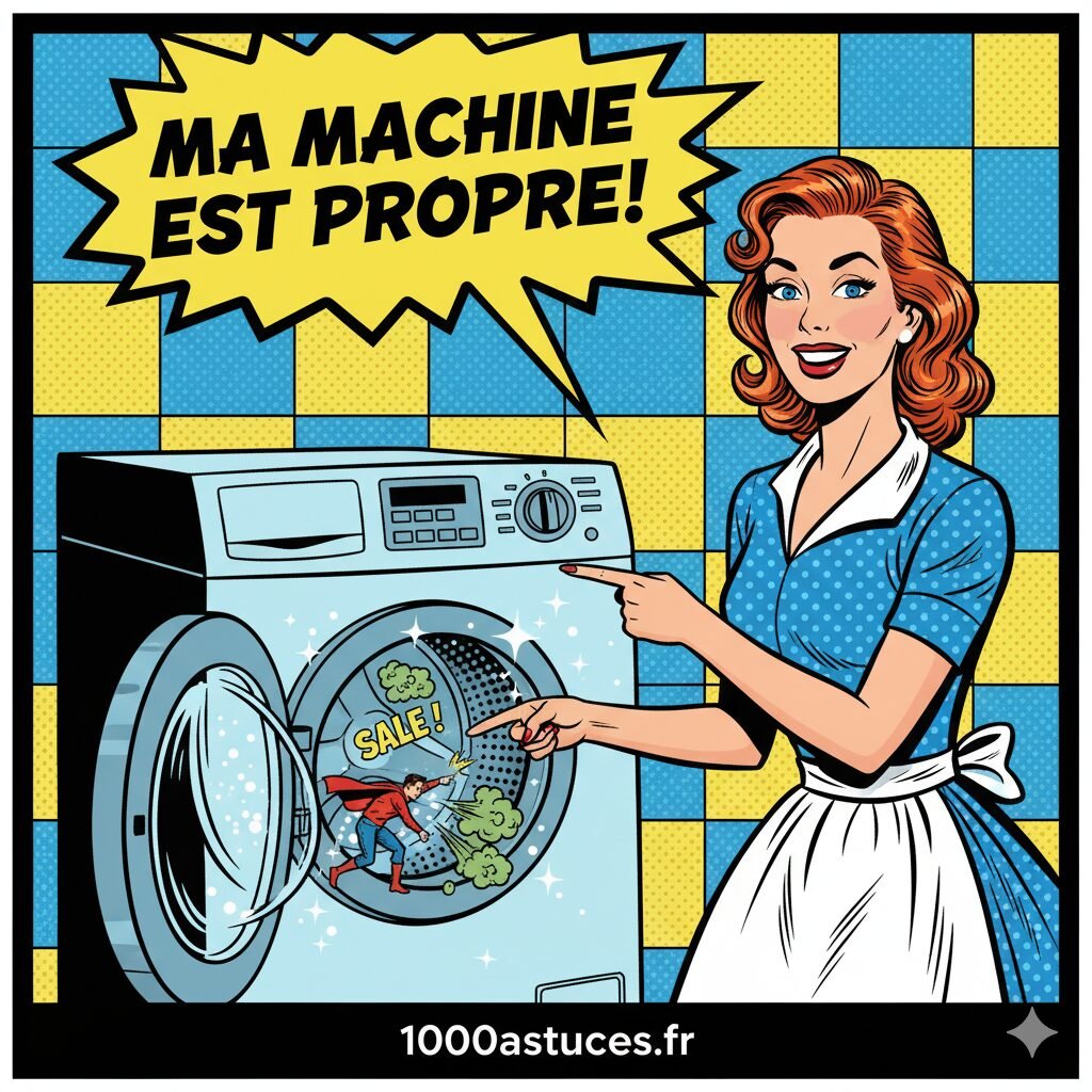 une jeune femme montre sa machie à laver propre . astuces pour nettoyer et enlever les mauvzaises odeurs . 1000astuces.fr