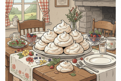 belles meringues sur une table de fête, dans un style campagne. Astuces pour avoir des meringues aériennes.
