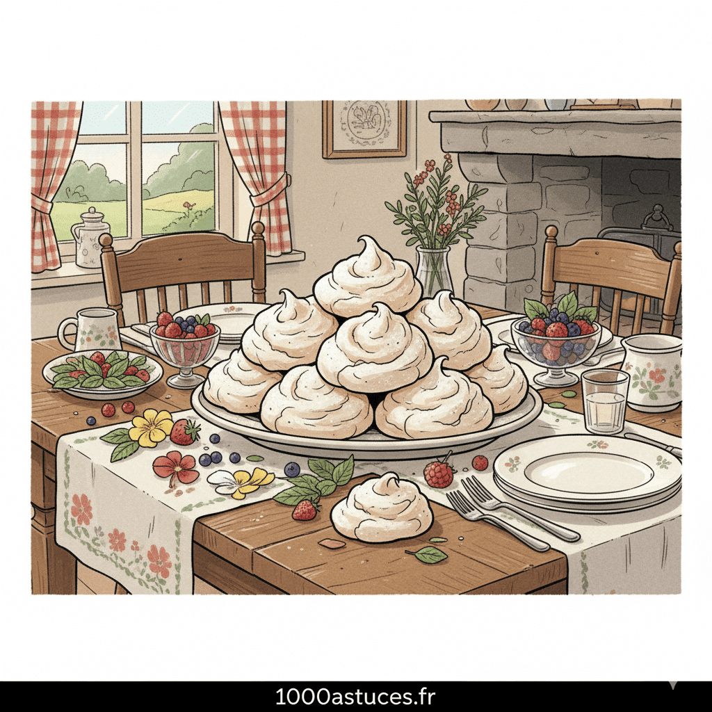belles meringues sur une table de fête, dans un style campagne. Astuces pour avoir des meringues aériennes.