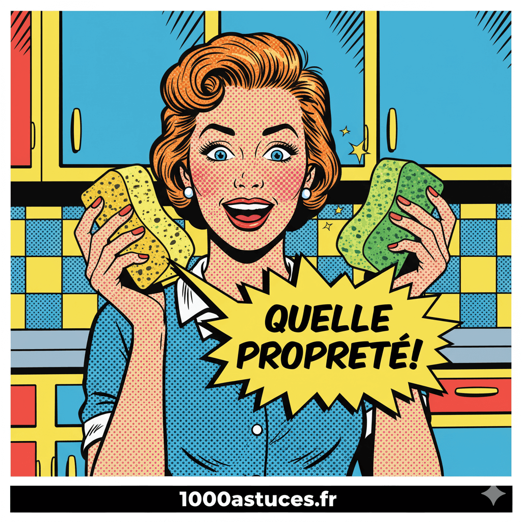 une ménagere ravie d'avoir des eponges propres et saines . Astuces pour nettoyer naturellement eponges et brosses . 1000astuces.fr