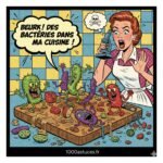 Dessin humoristique avec une planche à découper couvertes de bactéries qui dansent joyeusement . Astuces naturelles pour assainir plan de travail et planche à découper .1000astuces.fr
