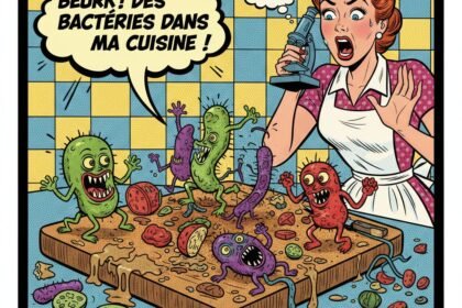 Dessin humoristique avec une planche à découper couvertes de bactéries qui dansent joyeusement . Astuces naturelles pour assainir plan de travail et planche à découper .1000astuces.fr