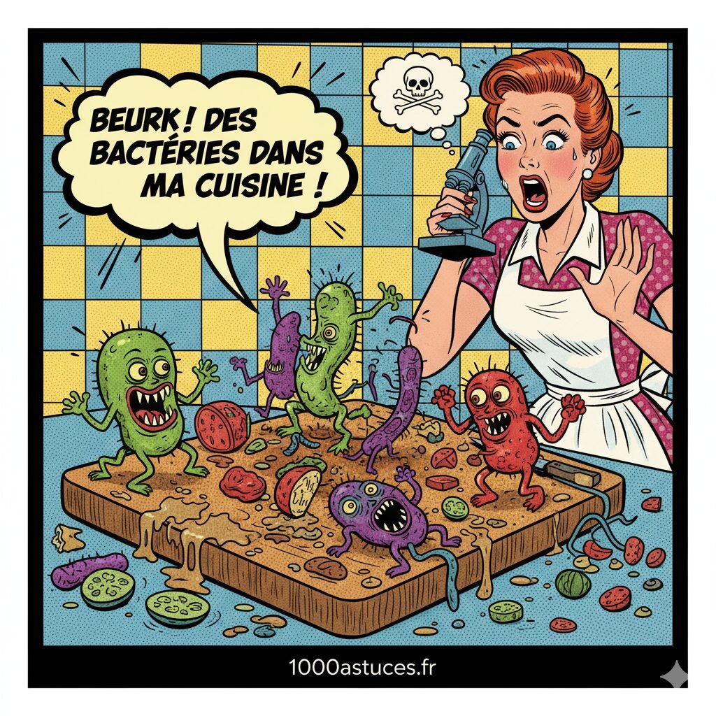 Dessin humoristique avec une planche à découper couvertes de bactéries qui dansent joyeusement . Astuces naturelles pour assainir plan de travail et planche à découper .1000astuces.fr