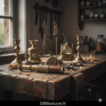 Sur un ancien établi . Quels objets de brocante en LAITON.Astuces pour les faire briller. 1000astuces.fr