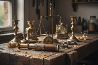 Sur un ancien établi . Quels objets de brocante en LAITON.Astuces pour les faire briller. 1000astuces.fr