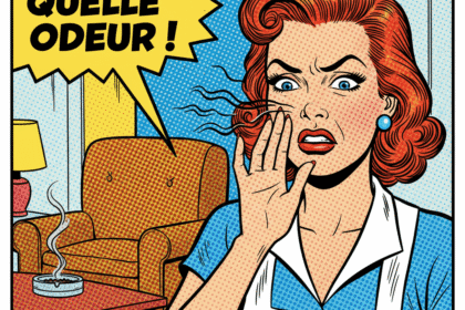 Une femme se bouche le nez dans un living où une cigarette fume dans un cendrier . Astuces pour assainir un lieu odeur de tabac froid . 1000astuces.fr