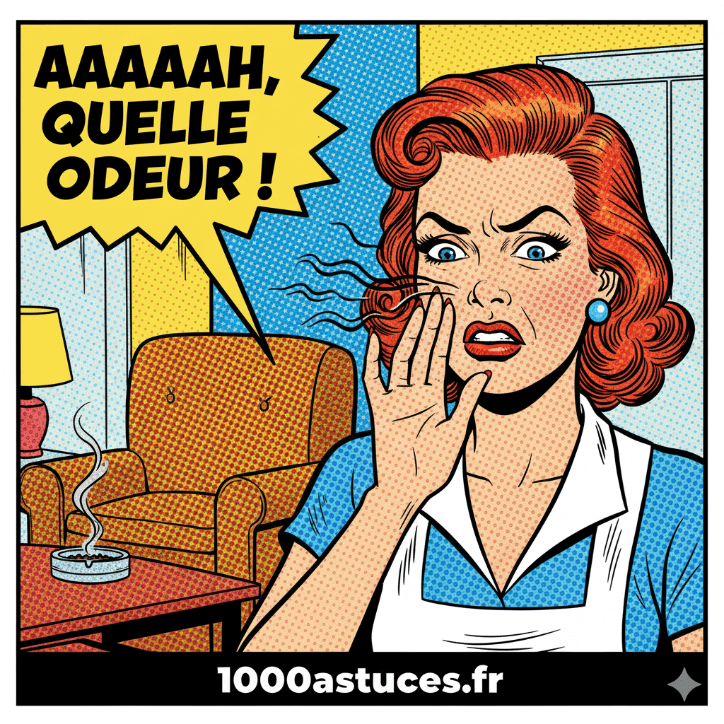 Une femme se bouche le nez dans un living où une cigarette fume dans un cendrier . Astuces pour assainir un lieu odeur de tabac froid . 1000astuces.fr