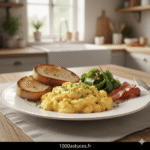 une belle assiette avec des œufs brouillés appétissants. Une astuce pour les rendre plus savoureux
