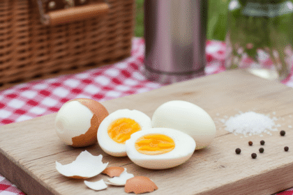 Ambiance pique nique . Des oeufs durs sur une nappe . Astuce pour eviter des oeufs fendus pendant la cuisson