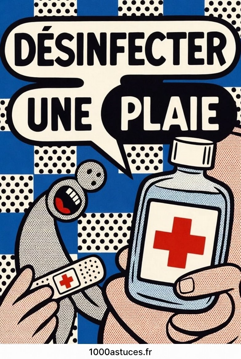 Désinfecter une plaie : antiseptique et pansement pour nettoyer une petite blessure (illustration).