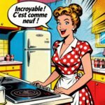 Une femme s'extasie devant sa plaque electriquecomme neuve.Astuce pour nettoyer naturellement des plaques electriques