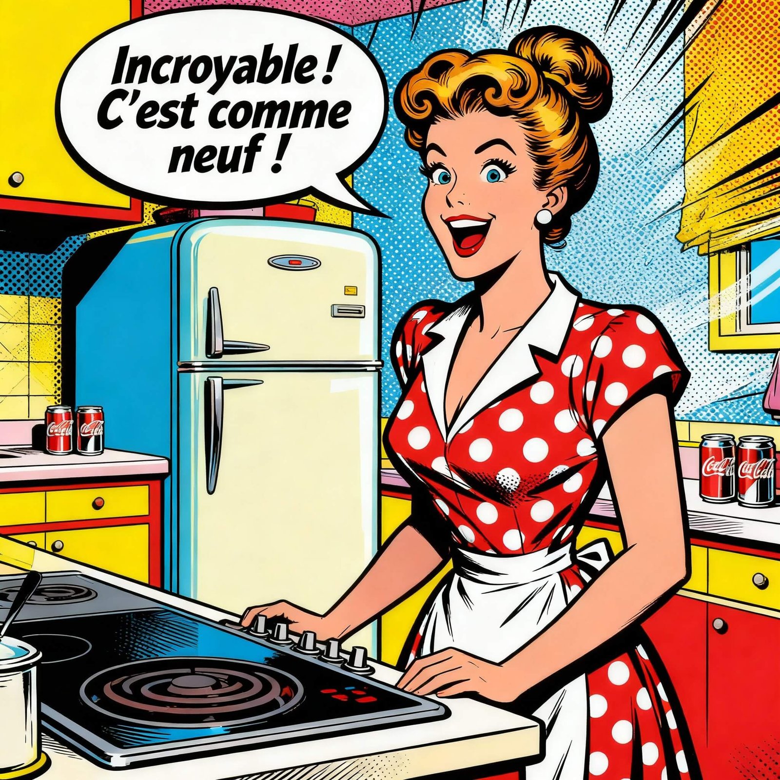 Une femme s'extasie devant sa plaque electriquecomme neuve.Astuce pour nettoyer naturellement des plaques electriques