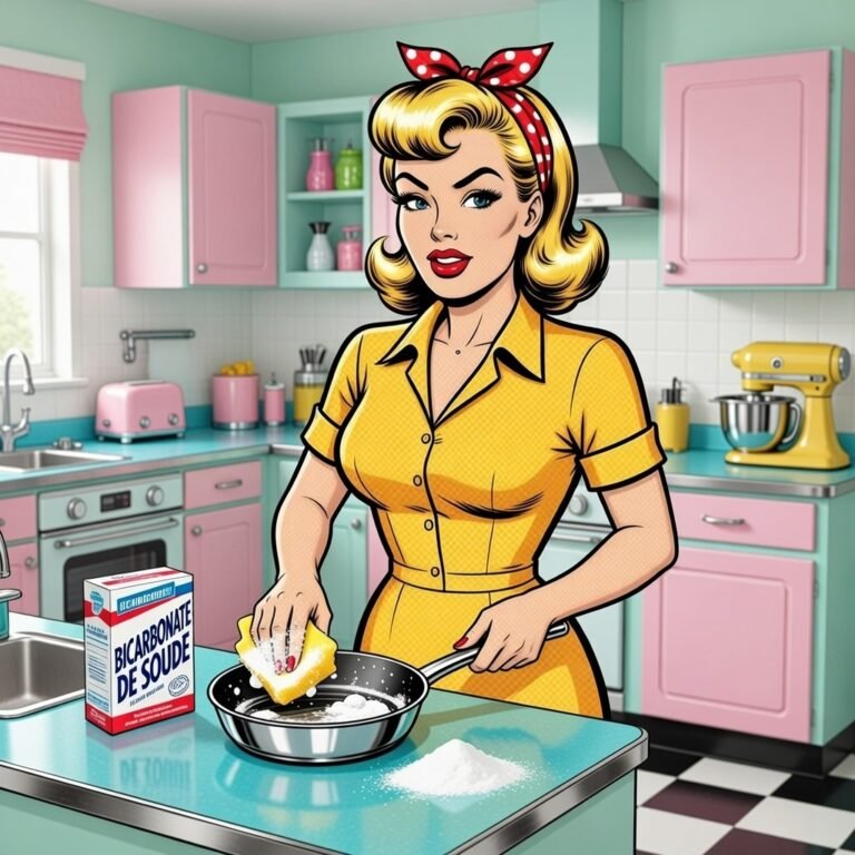 Illustration rétro d’une femme nettoyant une poêle avec du bicarbonate de soude dans une cuisine vintage colorée.