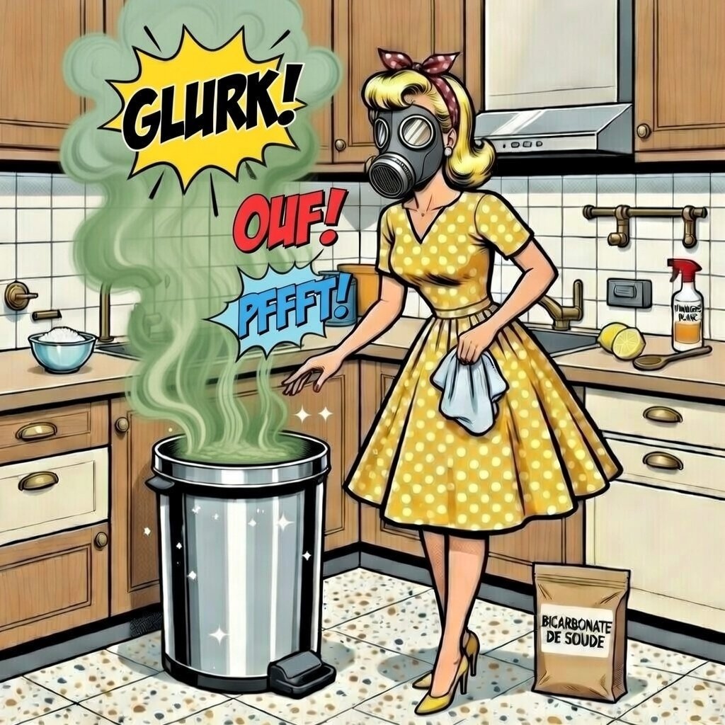 Illustration pop art de Mina Pop en cuisine avec masque à gaz, utilisant bicarbonate et vinaigre pour neutraliser une mauvaise odeur de poubelle, ambiance rétro et humour décalé.