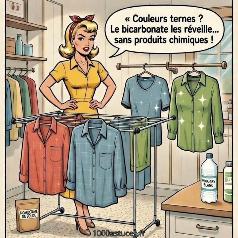 Femme rétro dans une buanderie entourée de linge coloré éclatant, bicarbonate utilisé avec vinaigre et citronnelle pour raviver les couleurs sans produits chimiques