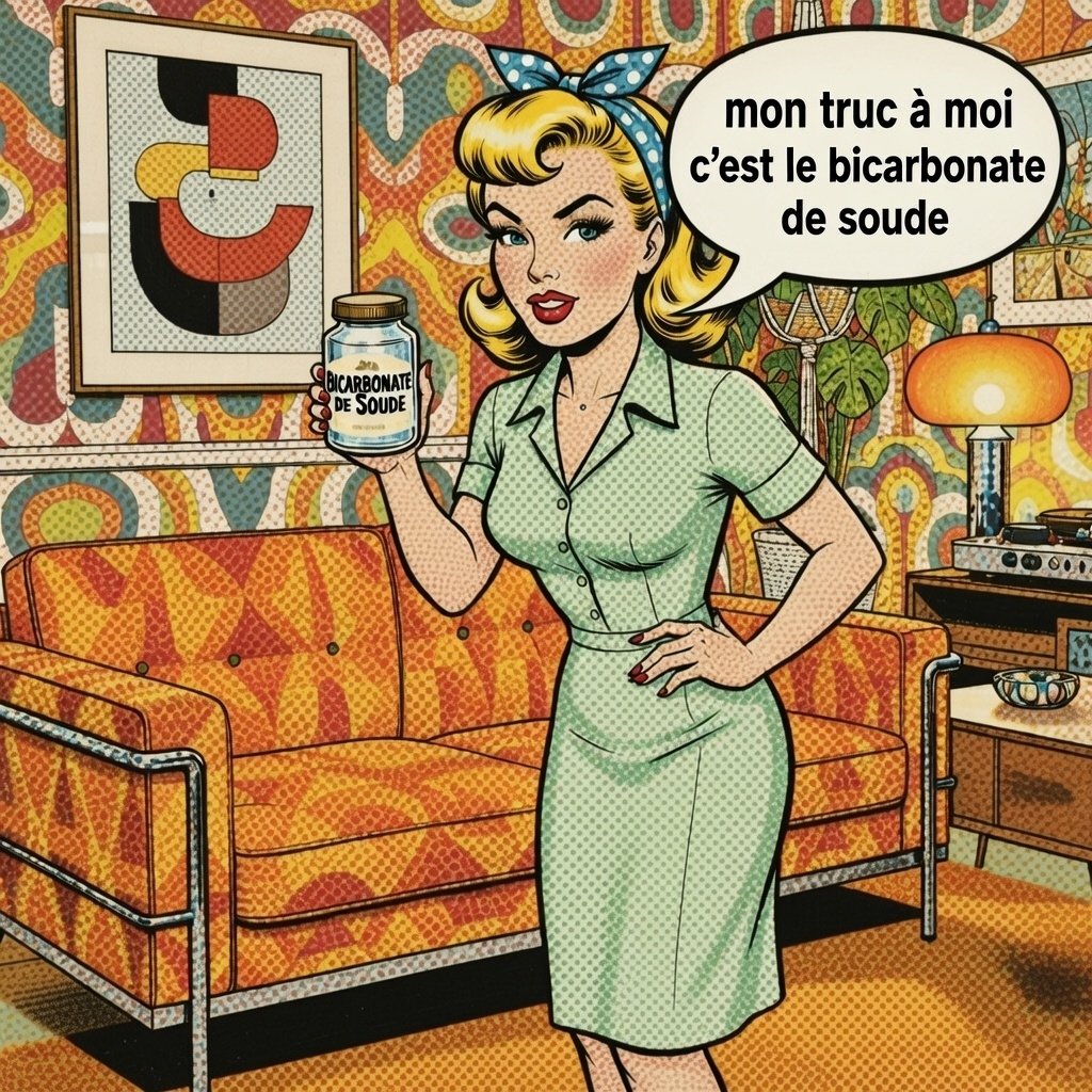 Illustration rétro d’une femme vantant les mérites du bicarbonate de soude dans un salon vintage coloré.