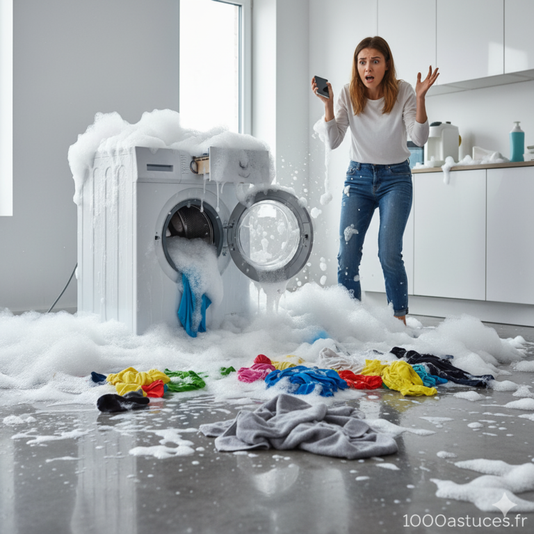 Votre machine à laver déborde de mousse ? Découvrez une astuce express au vinaigre blanc pour stopper le débordement rapidement. Toutes les solutions sont sur 1000astuces.fr. #machineàlaver #réparation #vinaigreblanc #astucesmaison