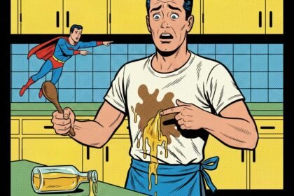 un homme renverse de l'huile sur son t shirt. astuces pour enlever une tache de graisse sur un vêtement. 1000astuces.fr