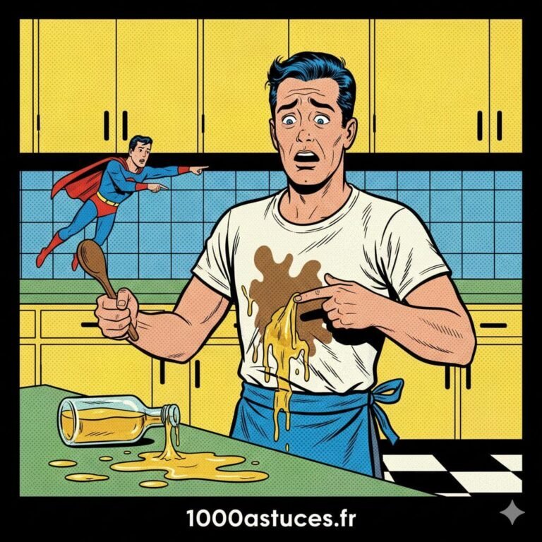 un homme renverse de l'huile sur son t shirt. astuces pour enlever une tache de graisse sur un vêtement. 1000astuces.fr