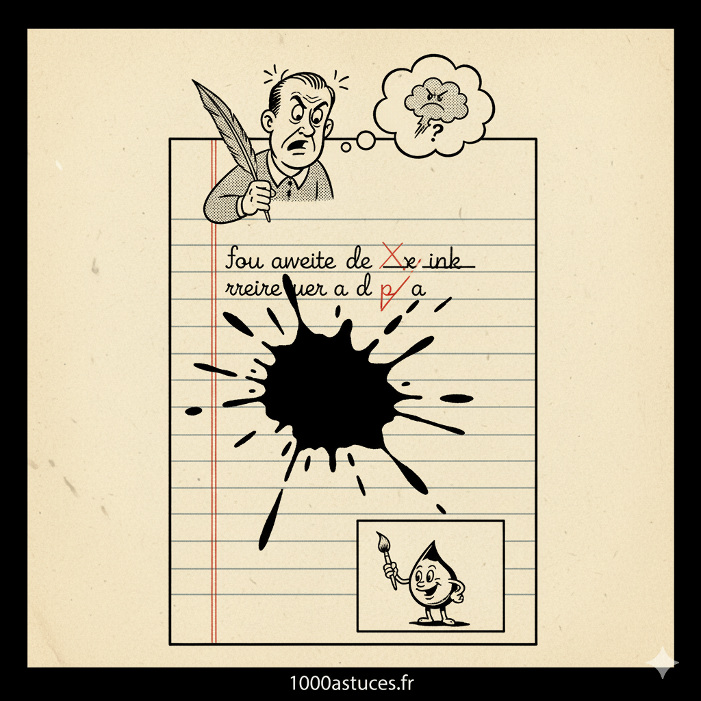 Une feuille d'écriture avec une tache d'encre . Astuces pour enlever les taches d'encre sur papier . 1000astuces.fr