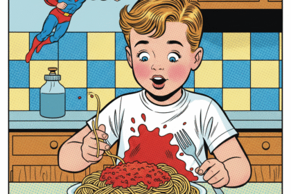 un enfant en train de manger des spaghettis sauce bolognaise se tache le t shirt . Astuces pour enlever une tache de sauce bolognaise.1000astuces.fr