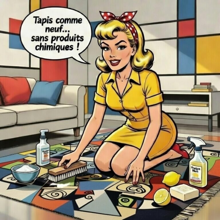Mina Pop nettoie un tapis 70's aux motifs de Picasso avec des produits naturels