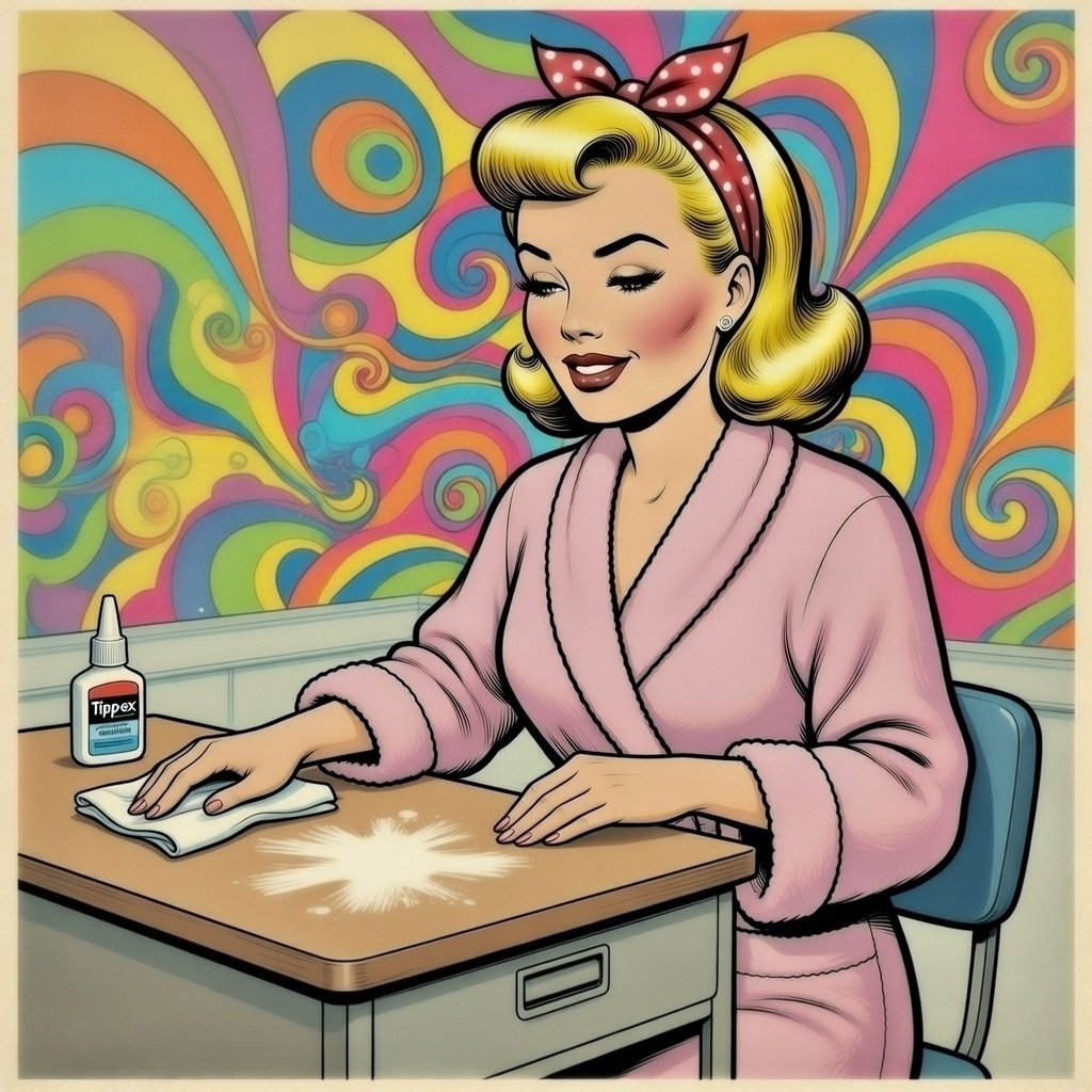 Mina pop nettoie une tache de tipp-ex (blanco) sur un bureau .