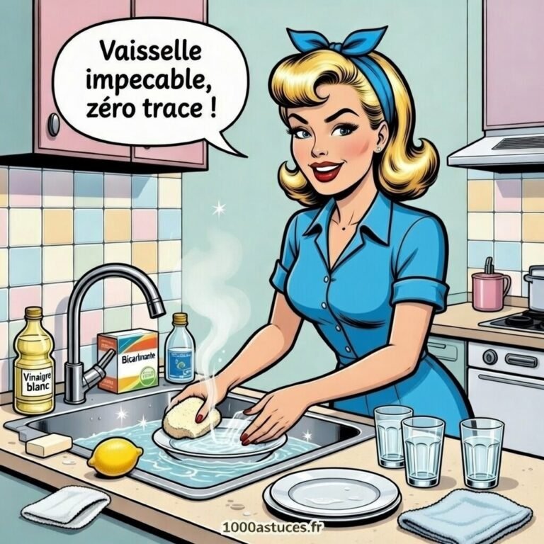 Illustration rétro pop art d’une femme souriante en robe bleue et bandeau assorti, lavant la vaisselle dans une cuisine pastel. Elle utilise des produits naturels comme le vinaigre blanc, le bicarbonate et le citron. Le décor évoque les années 60–70 avec des couleurs vives, des carreaux vintage et une ambiance joyeuse. Texte dans une bulle : « Vaisselle impeccable, zéro trace ! »